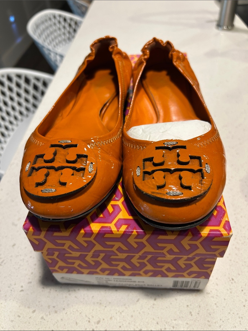 Tory Burch Orange Patent Leather Logo Ballet Flats